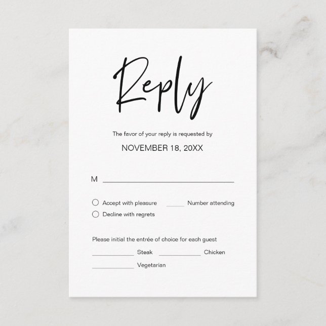 Recepción Boda Dinner RSVP, opciones de comida Tarjeta de Ga (Anverso)