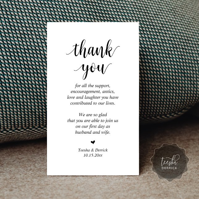 Recepción Boda Gracias, tarjeta de gabinete de guiones moder (Wedding Thank you, Modern Script Enclosure Card, Celebrating with us, Black and white)