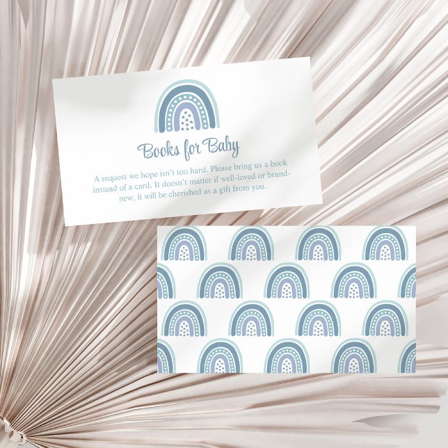 Recepción Boho Blue Rainbow Boho - Tarjeta de inscripción pa (Boho Blue Rainbow Books for Baby Enclosure Card on a sunny white dry palm leaf.)