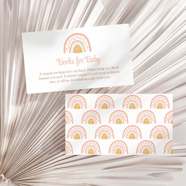 Recepción Boho Pink Rainbow Boys con tarjeta de inscripción  (Boho Pink Rainbow Books for Baby Enclosure Card on a sunny white dry palm leaf.)