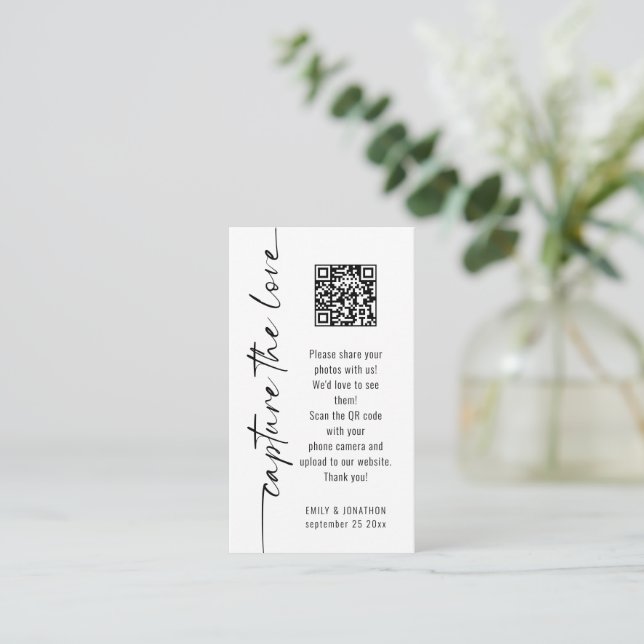 Recepción Captura la tarjeta de Boda blanco negro código QR  (Anverso de pie)