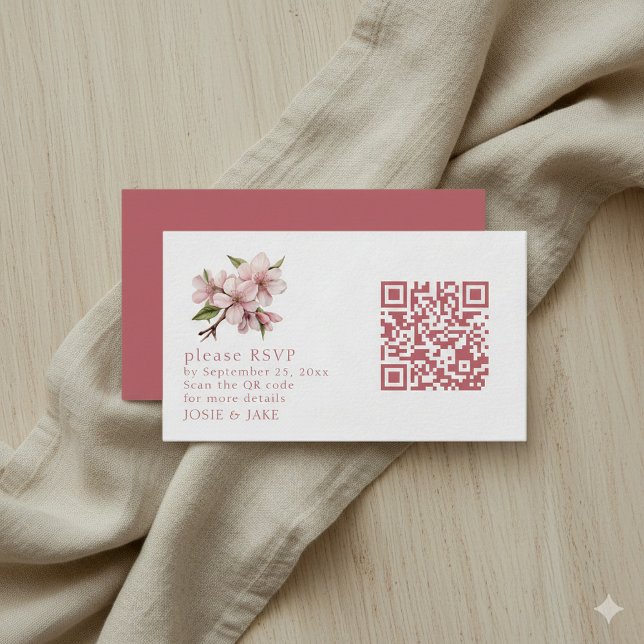 Recepción Cherry Blossom rosa Código QR Tarjeta de gabinete  (Pink QR code RSVP wedding enclosure card.)