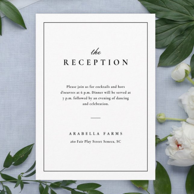 Recepción clásica elegante de bodas blancas y negr (Simple typographic black and white wedding reception enclosure card.)