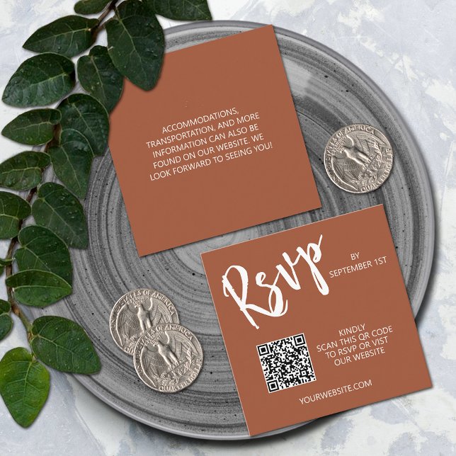 Recepción Código QR boda Tarjeta de cierre de Terracotta (Wedding QR code small 2.5" x 2.5" terracotta RSVP cards)