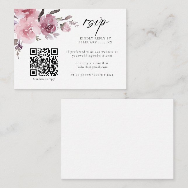 Recepción Código QR Floral Rosa Polvo Malva Tarjeta de Respu (Anverso / Reverso)