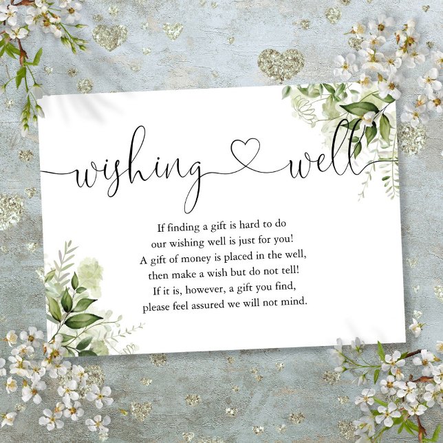 Recepción Corazón Floral Verde Script Pidiendo Tarjeta de Bo (Greenery Floral Heart Script Wishing Well Wedding Enclosure Card)