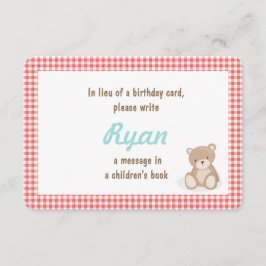 Recepción Cumpleaños Traer un libro Teddy Bear tarjeta de in