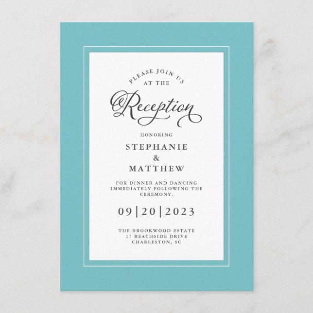 Recepción de Boda Azul Aqua Elegante Bordes Chic (Anverso)