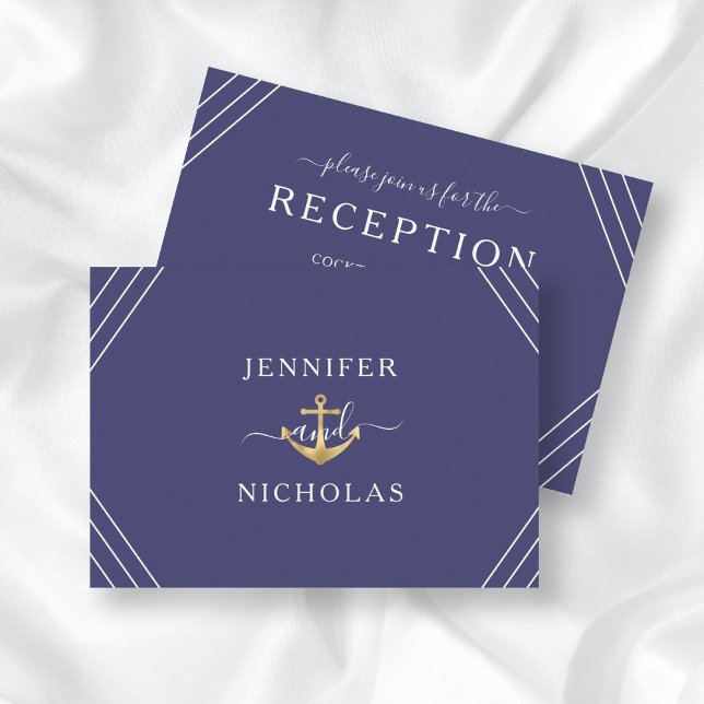 Recepción de Boda Azul de la Marina Nautical Gold  (Front/Back Nautical Gold Anchor Navy Blue Wedding Reception Enclosure Card)