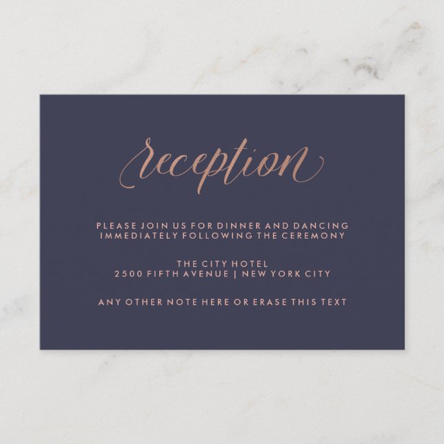 Recepción de Boda Azul Medianoche y Dorado Rosa Fa (Anverso)