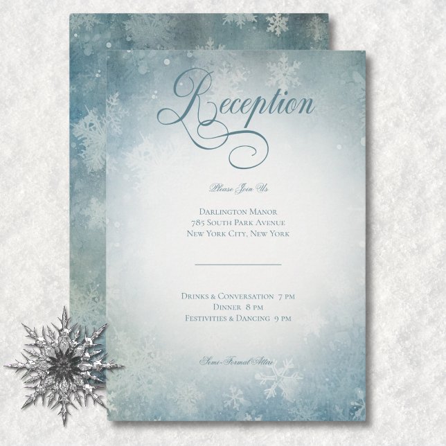 Recepción de Boda Blanca Azul de Nieve Romántica C (Romantic Falling Snow Blue White Wedding Reception Enclosure Card)