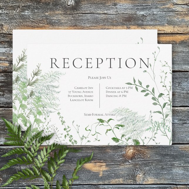 Recepción de boda blanca de filo verde de hierro r (Rustic Fern Green Foliage White Wedding Reception Enclosure Card)