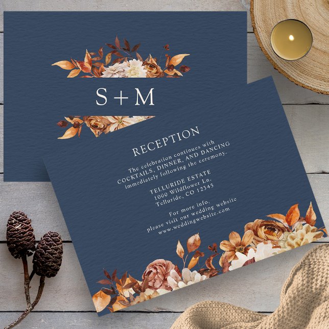 Recepción de Boda Botánica de Otoño (Fall Navy Blue Botanical Wedding Reception Enclosure Card Monogram on Back by Painted Paperie
)