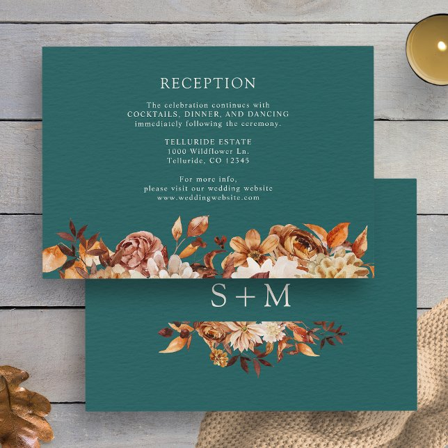 Recepción de Boda Botánica de Terracotta Caída ver (Teal Fall Terracotta Botanical Wedding Reception Enclosure Card by Painted Paperie
)