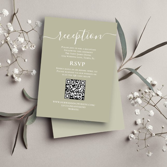 Recepción de boda Código QR RSVP Sage Verde (Simple sage green reception and RSVP card with QR Code. )