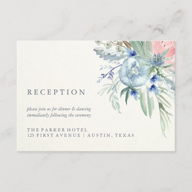 Recepción de Boda con Acuarela de Peonías Azules y (Anverso)