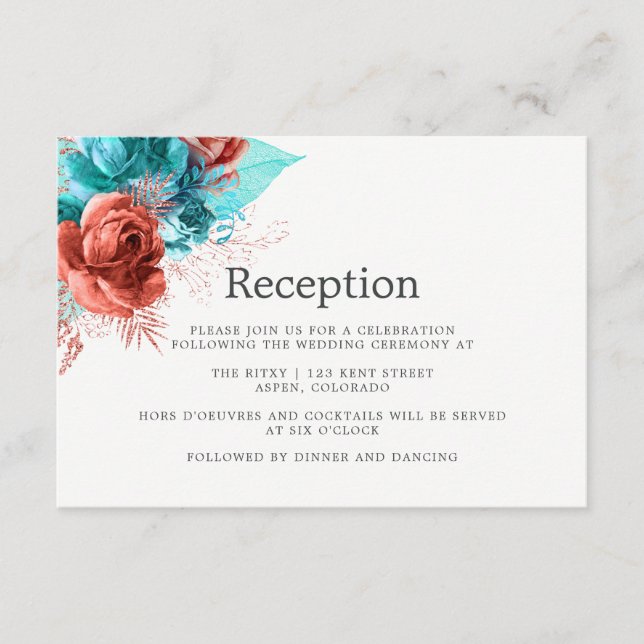 Recepción de Boda con Acuarela de Turquesa y Coral (Anverso)