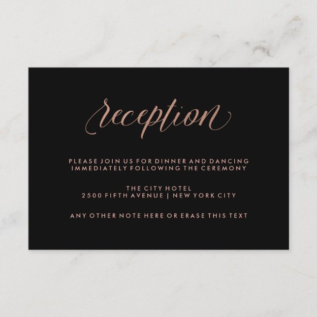 Recepción de Boda con Caligrafía Rosa y Fondo Negr (Anverso)