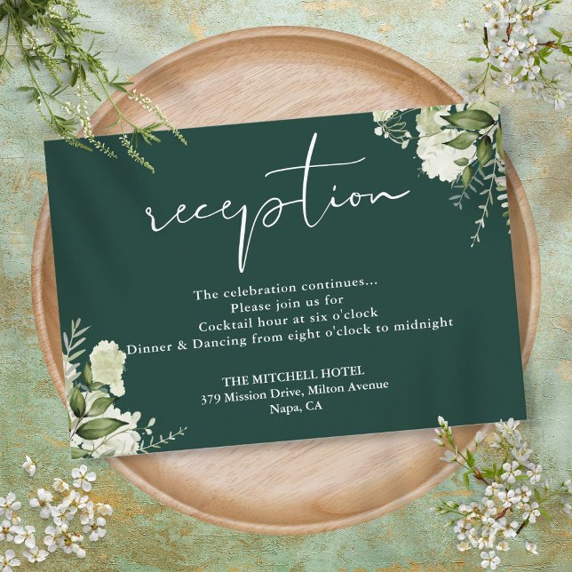Recepción de Boda con Guión Floral Verde Esmeralda (Emerald Green Floral Script Wedding Reception Enclosure Card)