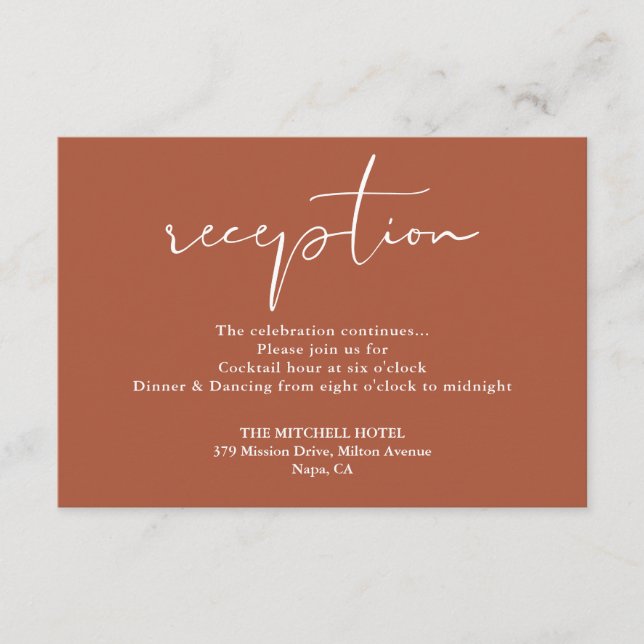 Recepción de Boda con Letra Elegante de Terracota (Anverso)