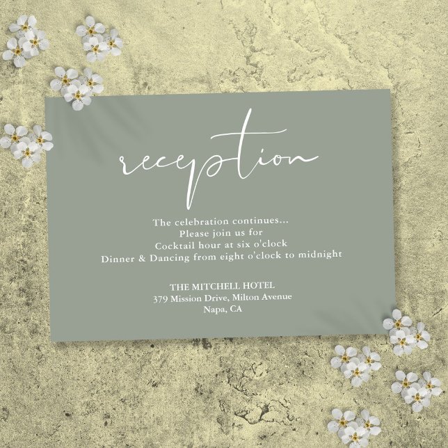 Recepción de Boda con Letra Elegante en Verde Salv (Sage Green Elegant Script Wedding Reception Enclosure Card)
