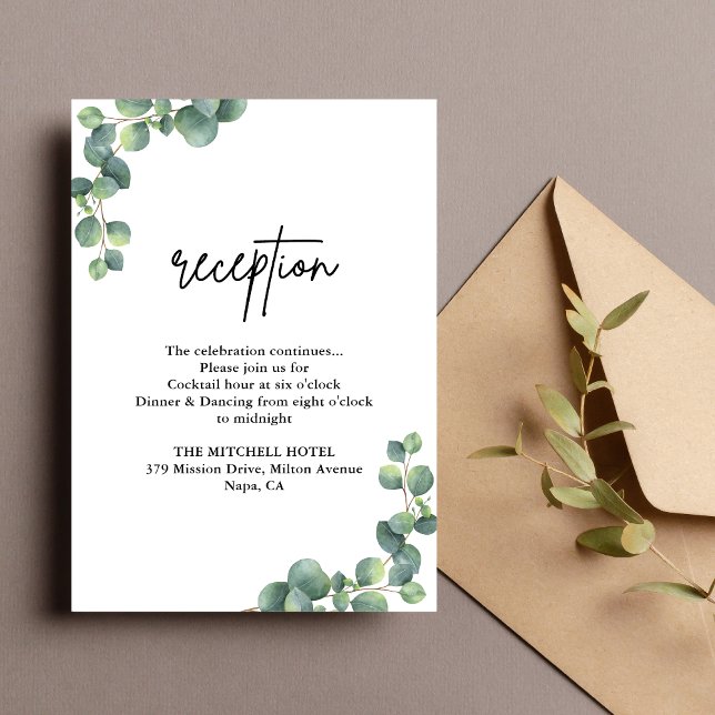 Recepción de Boda con Verde de Eucalipto Rústico (Rustic eucalyptus greenery reception enclosure card shares details with natural charm.)