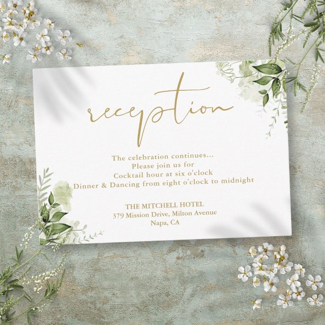 Recepción de Boda con Verde Floral y Letra Dorada (Floral Greenery Gold Script Wedding Reception Enclosure Card)