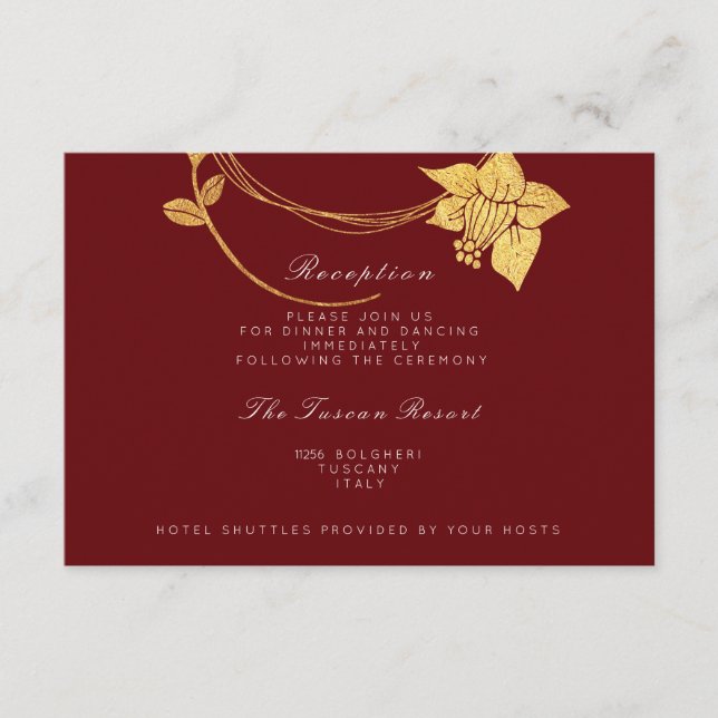 Recepción de Boda de Borgoña Maroon Gold Floral Vi (Anverso)