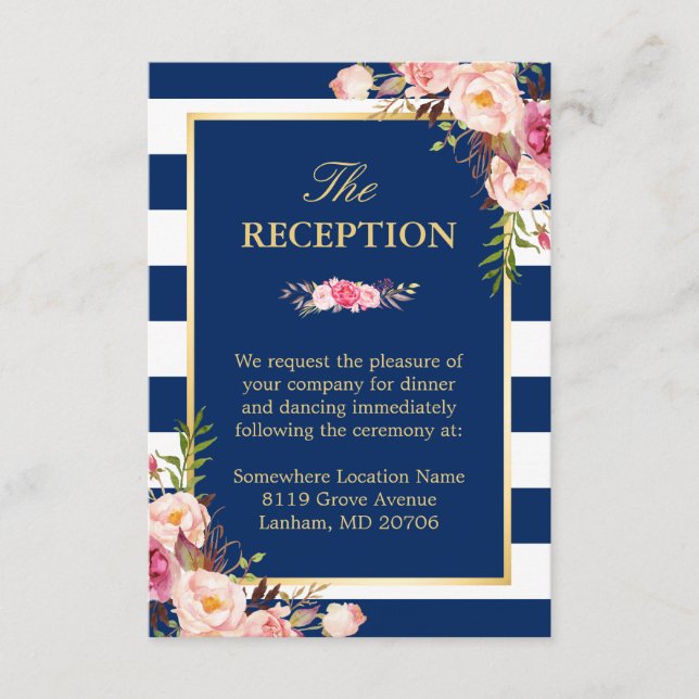 Recepción de Boda de Flores Rosas y Rayas Azules M (Anverso)