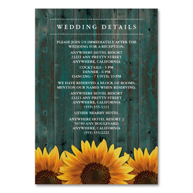 Recepción de boda de girasol + Tarjetas de alojami (Anverso)
