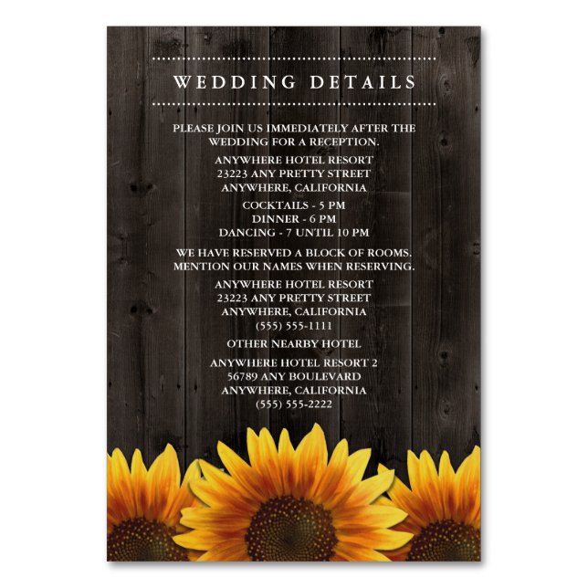 Recepción de boda de girasol + Tarjetas de alojami (Anverso)