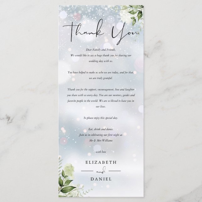 Recepción de Boda de Invierno Gracias Tarjeta de L (Anverso)