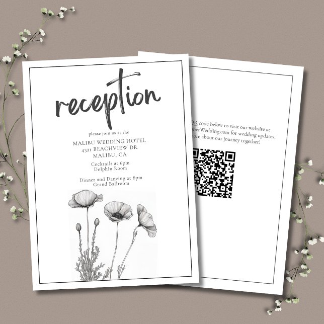 Recepción de Boda Elegante con Floral de Adormider (Black and White Poppies Wedding Reception Enclosure Card with QR code for your Wedding Website.)
