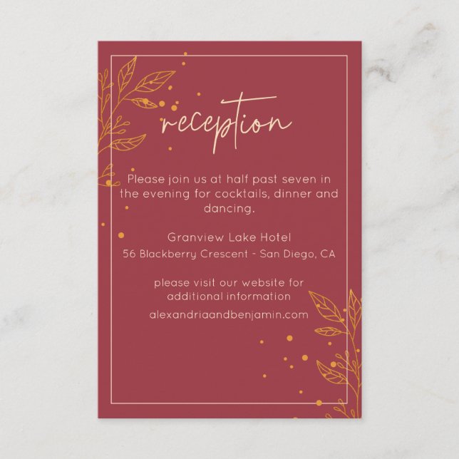Recepción de Boda Elegante con Hojas de Oro Rubí (Anverso)