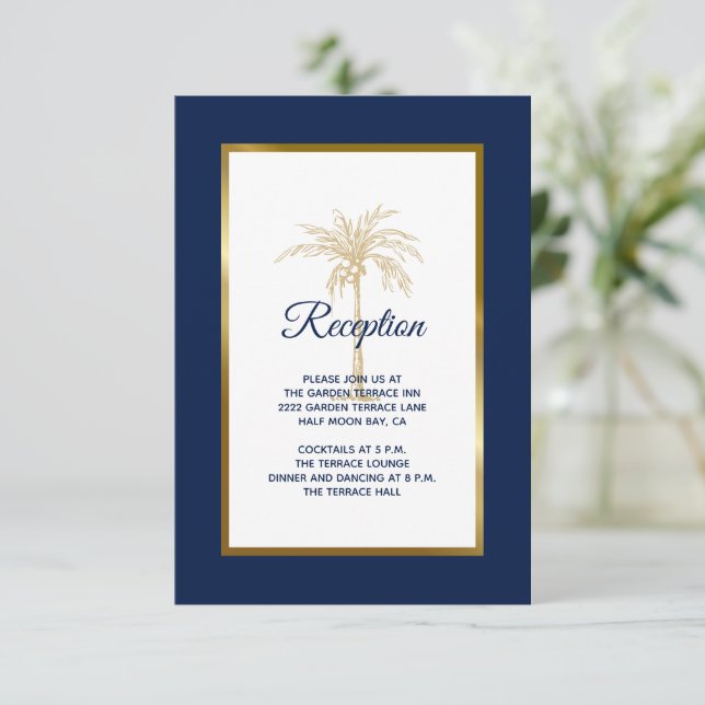Recepción de Boda Elegante Palma Dorada Azul Marin (Anverso de pie)