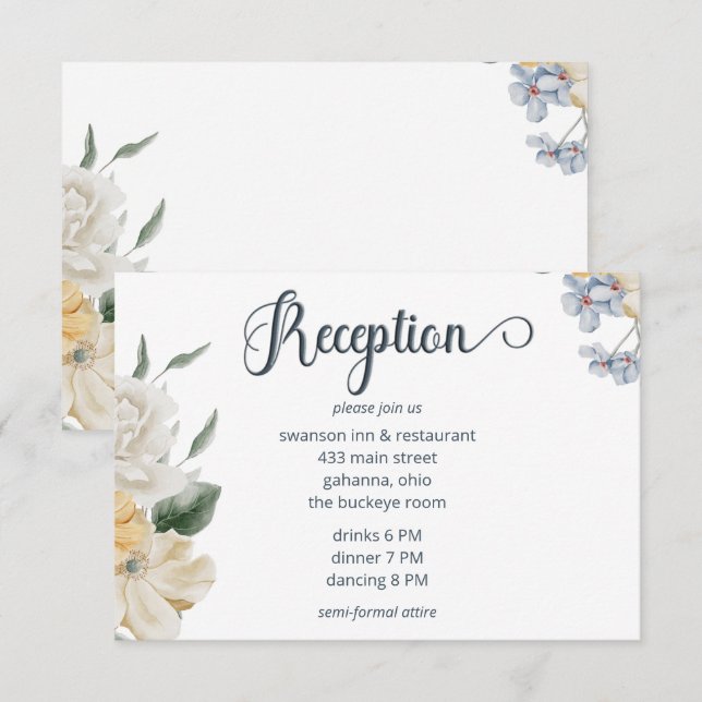 Recepción de Boda Floral Azul Amarilla y Blanca (Anverso / Reverso)