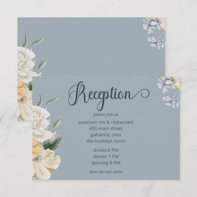 Recepción de Boda Floral Azul Amarilla y Blanca (Anverso / Reverso)