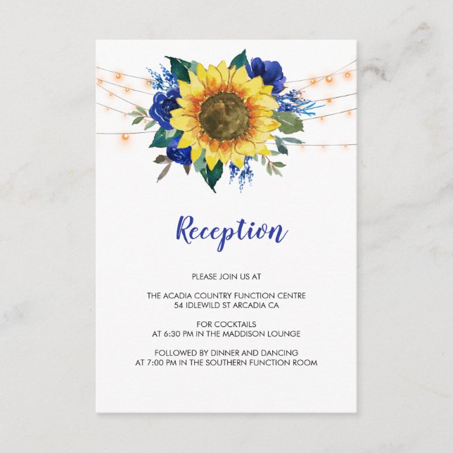 Recepción de boda floral azul con luces de girasol (Anverso)