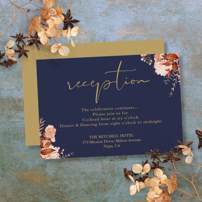 Recepción De Boda Floral Azul Y Dorada De La Marin (Navy Blue And Gold Rustic Floral Wedding Reception Enclosure Card)