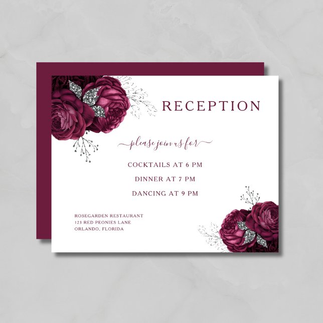 Recepción de Boda Floral Burgundy Elegante (Elegant Burgundy Floral Wedding Reception Enclosure Card)