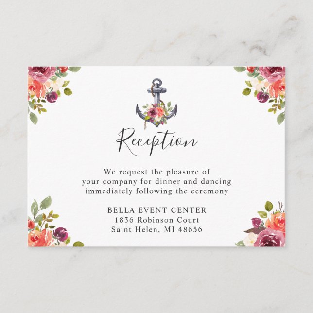 Recepción de boda floral de ancla náutica azul mar (Anverso)