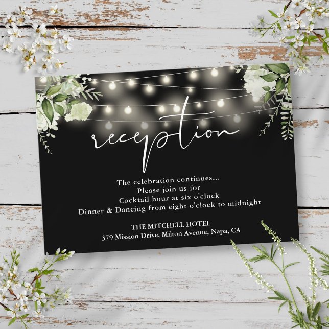 Recepción De Boda Floral De Luz Negra Y Blanca (Black And White Lights Floral Wedding Reception Enclosure Card)