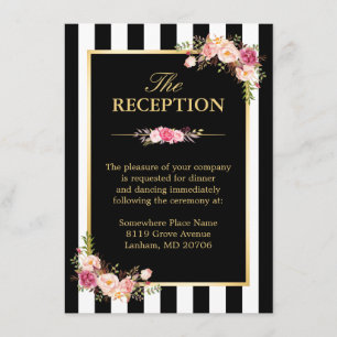 Recepción de Boda Floral Dorado Negro Blanco Rayas