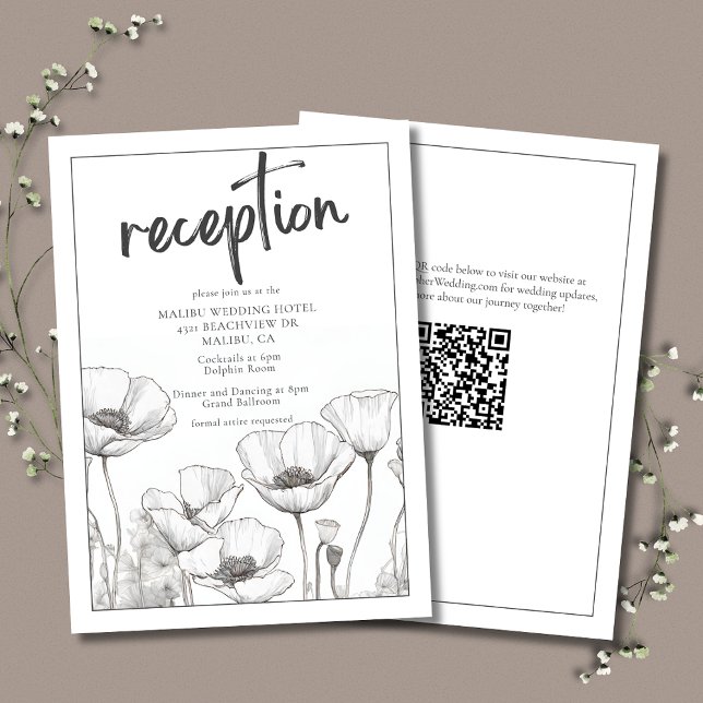 Recepción de Boda Floral Elegante para Poppies Bla (Elegant Wedding Reception Enclosure Card with White on White California Poppies and QR Code.)
