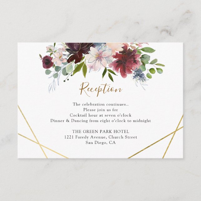 Recepción de Boda Floral Geométrica Burdeos Azul M (Anverso)