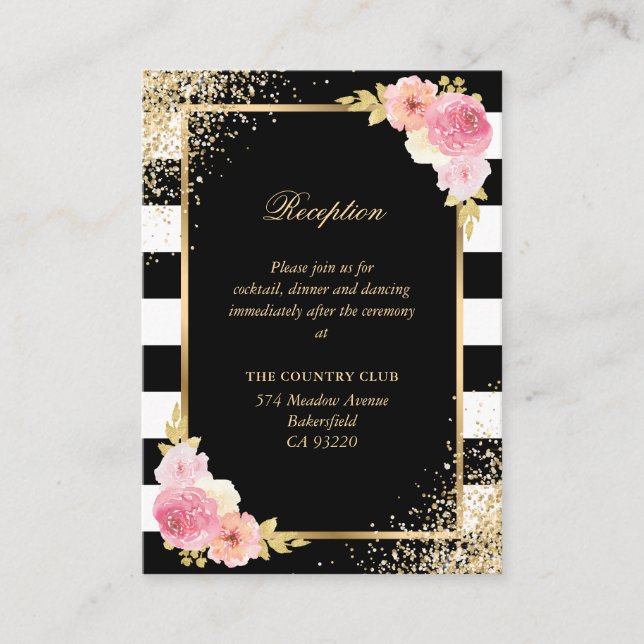 Recepción de Boda Floral Rosa de Oro Blanco Negro (Anverso)