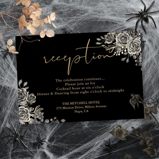 Recepción De Boda Gótica Negra Y Oro (Black And Gold Gothic Wedding Reception Enclosure Card)