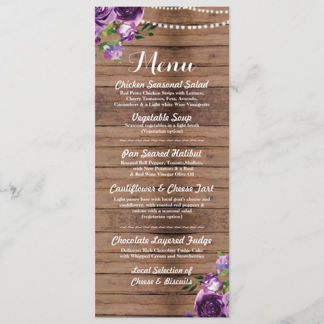 Recepción de Boda Menú Púrpura Flores de Madera (Anverso)