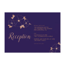 Recepción de boda moderna de cobre y azul floral