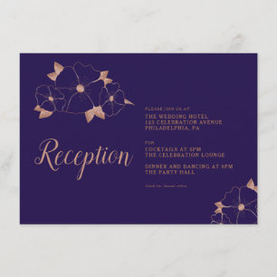 Recepción de boda moderna de cobre y azul floral